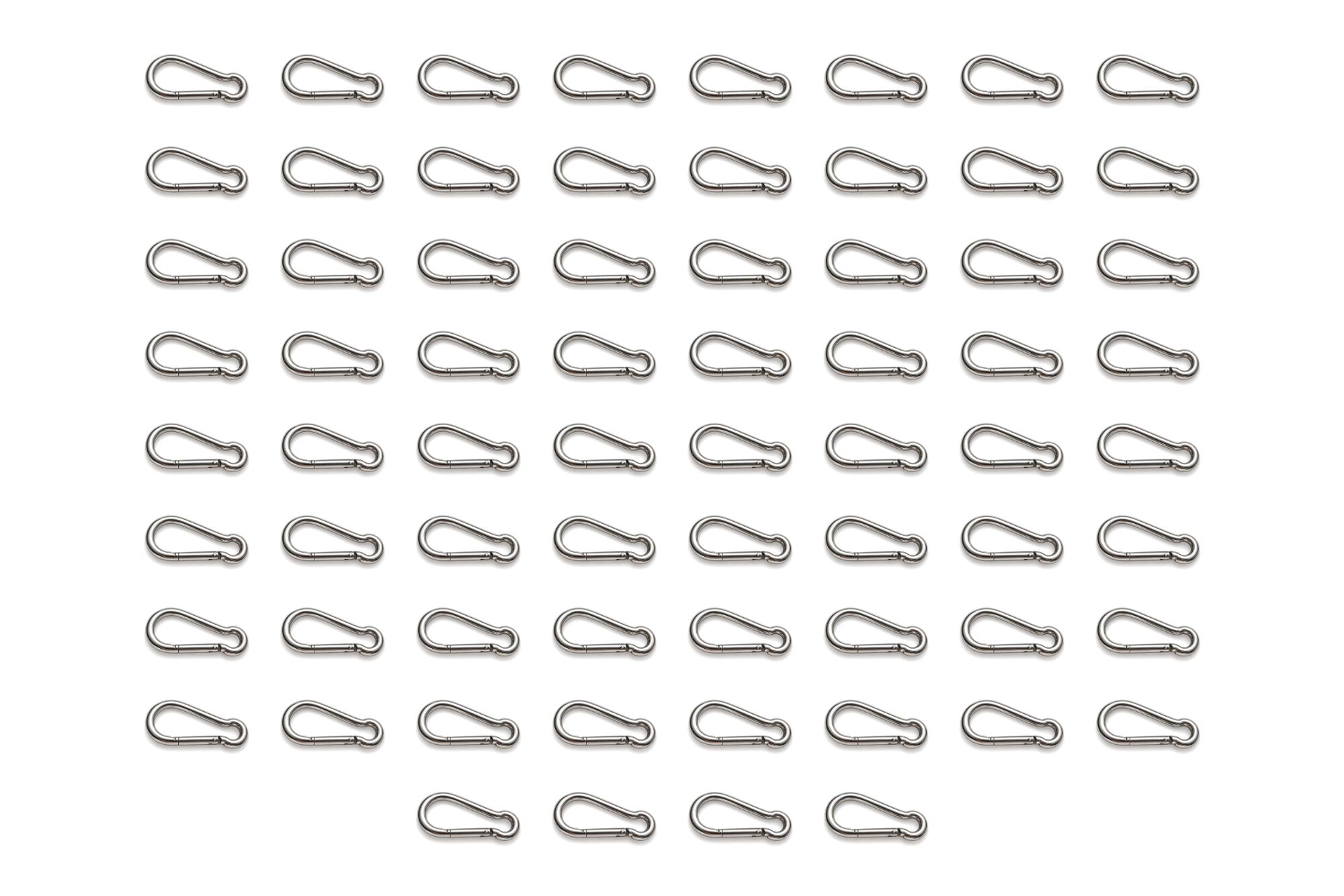 Set of stainless steel carabiner hooks arranged in eight rows of eight with a final row of four on a white background
