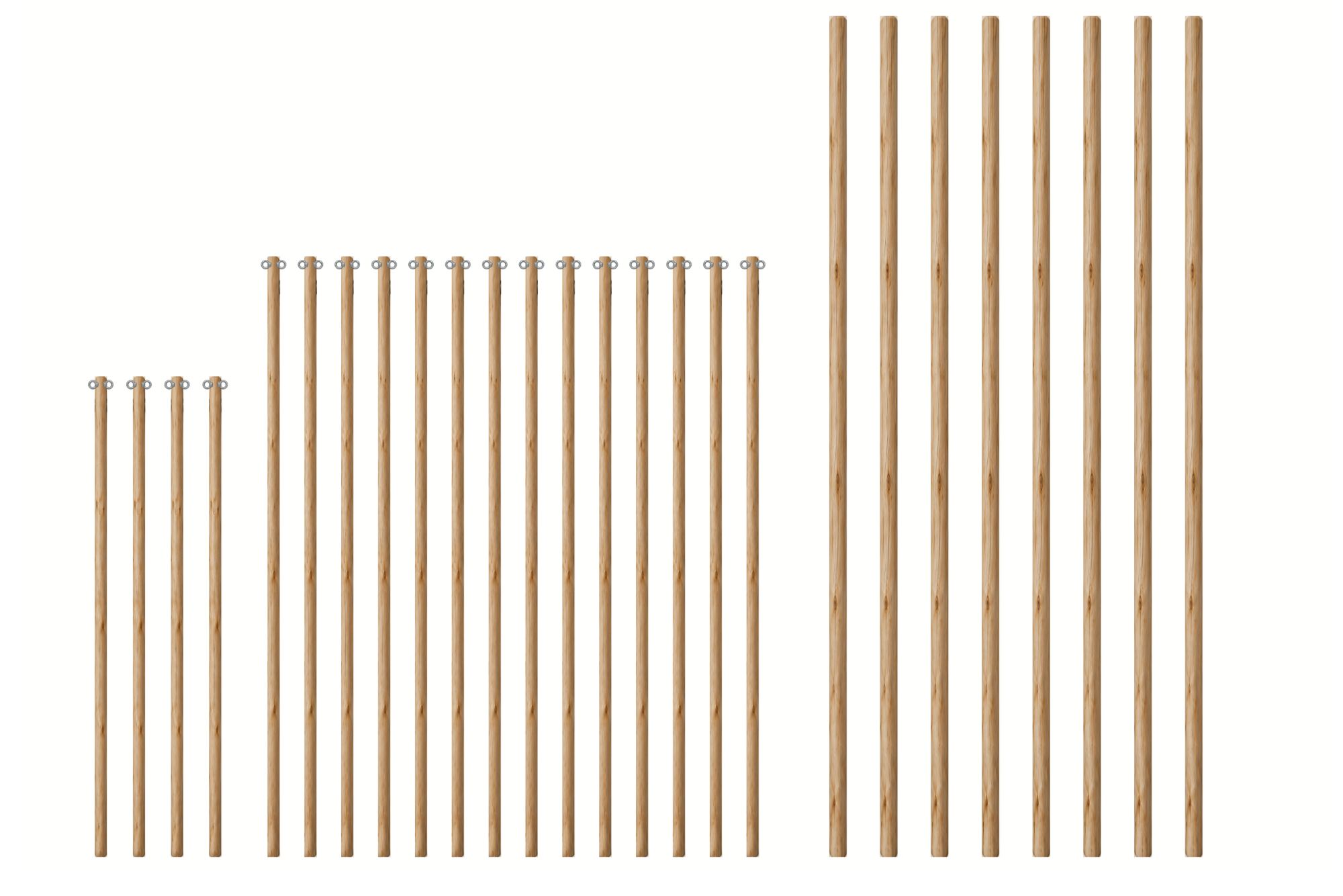 Set of wooden poles in three groups: short and medium poles with two eye nuts at the top, and eight tall poles without eye nuts