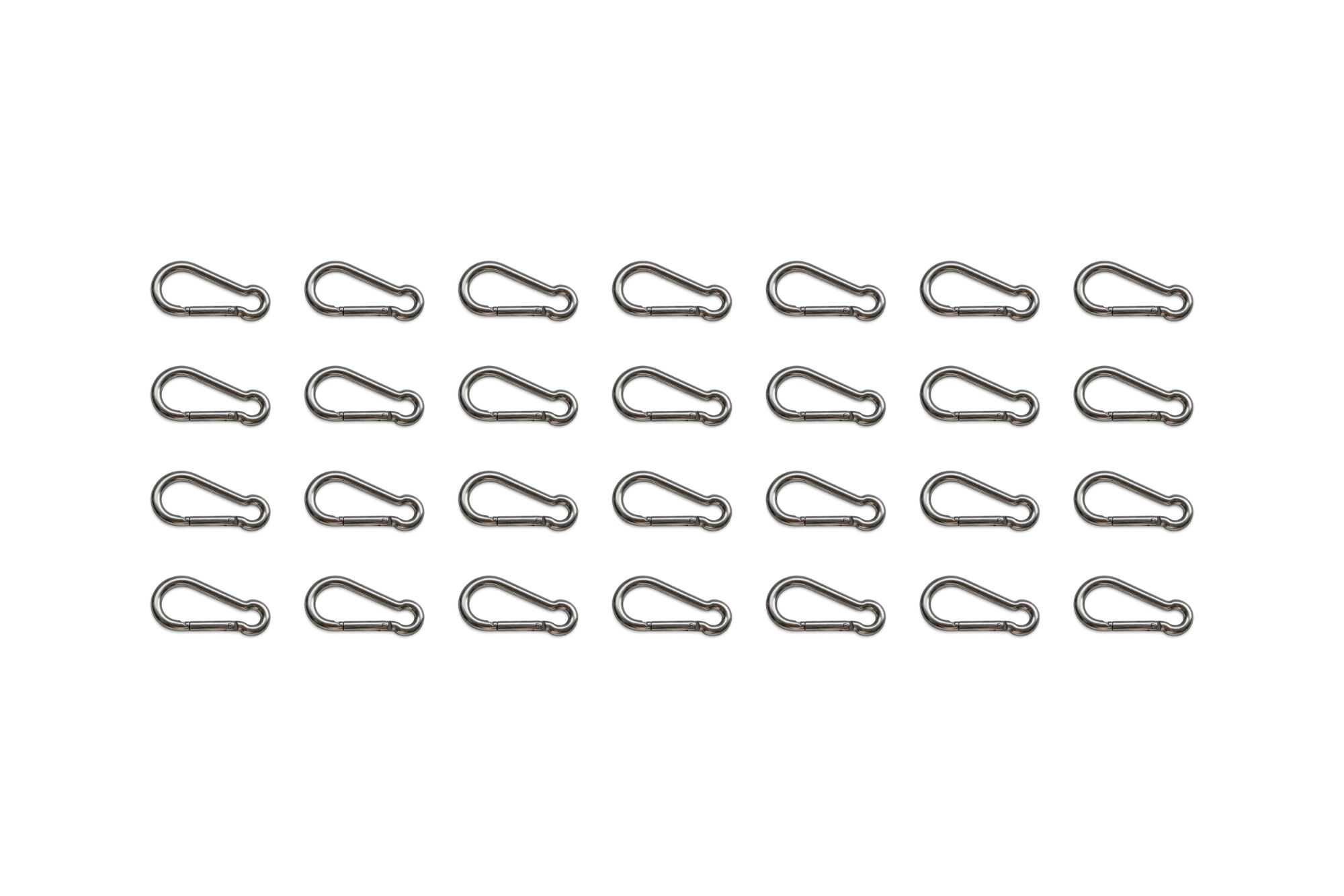 Set of galvanised carabiner hooks arranged in a grid of four rows of seven on a white background