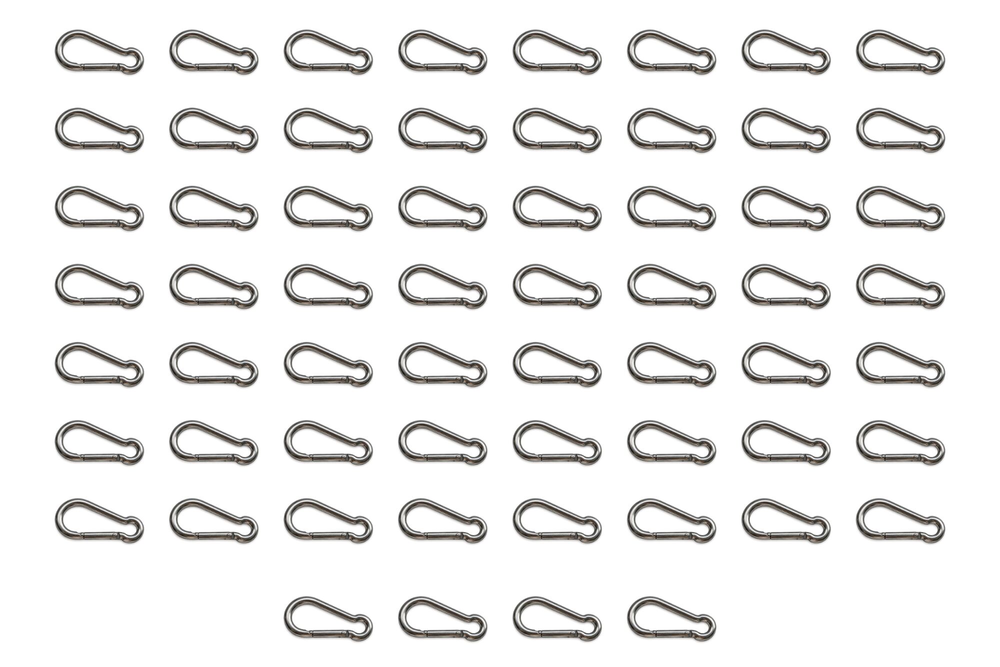 Set of galvanised carabiner hooks arranged in seven rows of eight with a final row of four on a white background