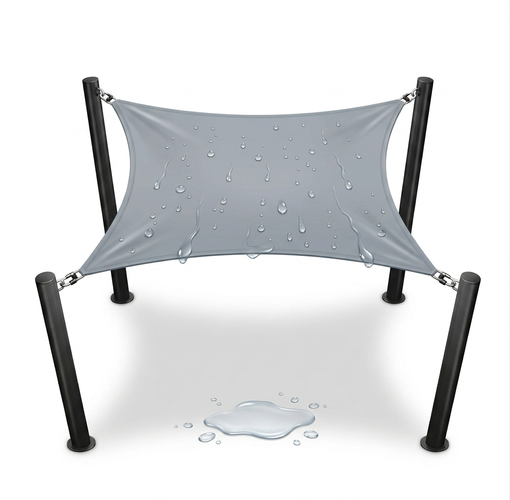Square grey waterproof shade sail with black poles