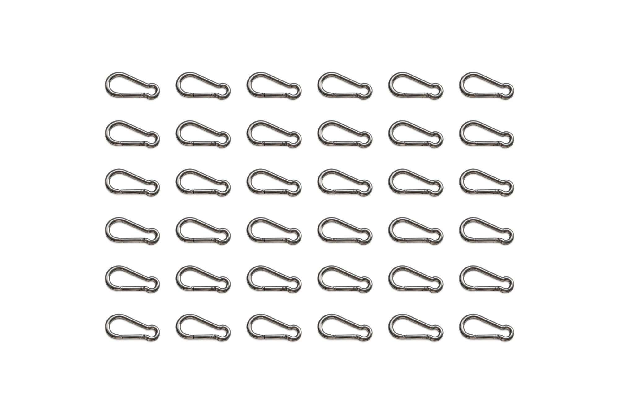 Set of galvanised carabiner hooks arranged in a grid of six rows of six on a white background