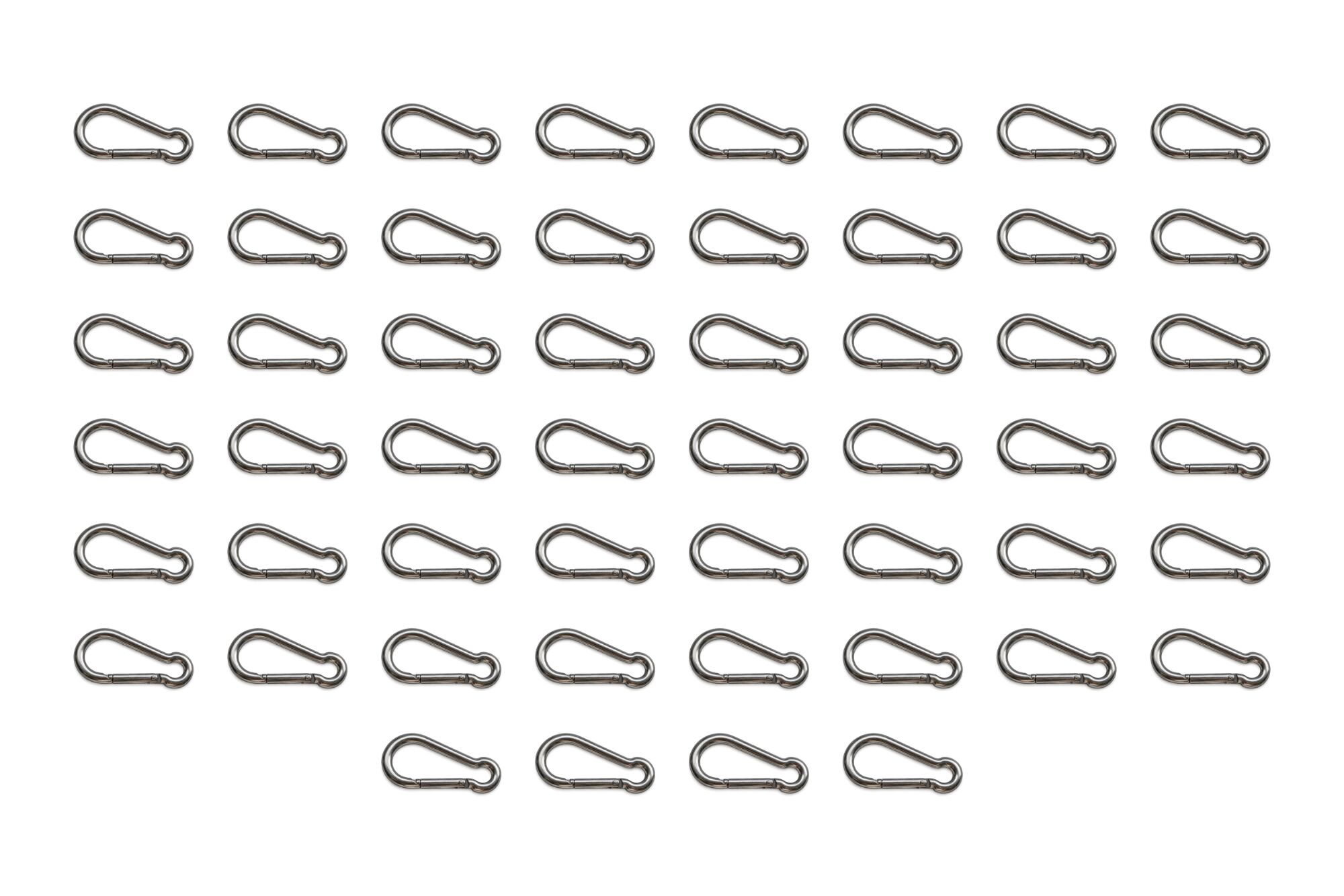 Set of galvanised carabiner hooks arranged in six rows of eight with a final row of four on a white background