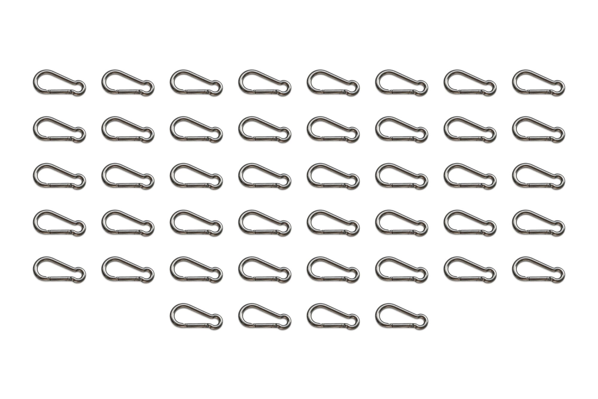 Set of galvanised carabiner hooks arranged in five rows of eight with a final row of four on a white background