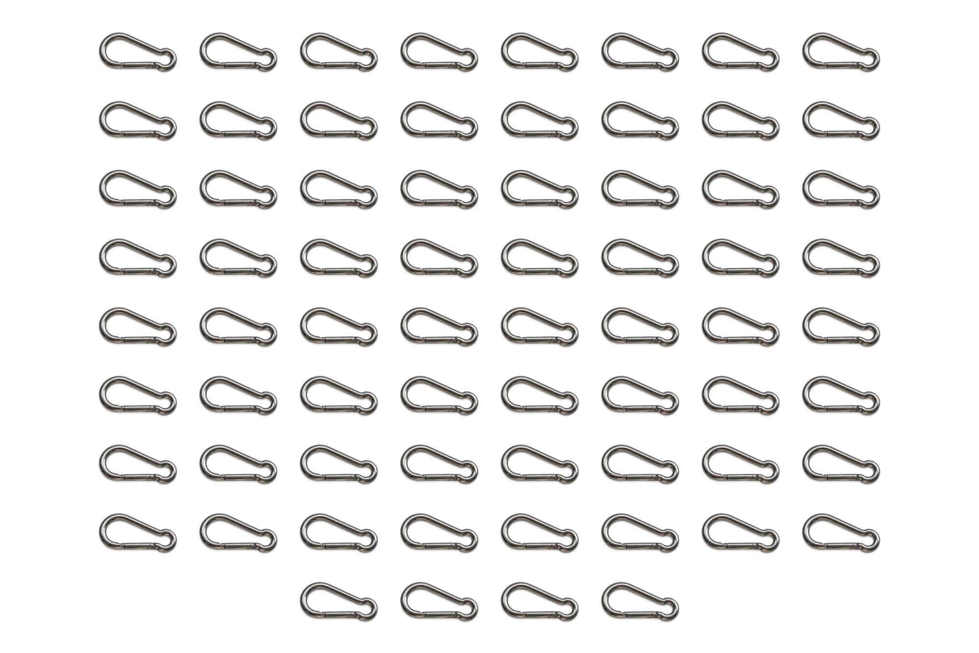 Set of galvanised carabiner hooks arranged in eight rows of eight with a final row of four on a white background
