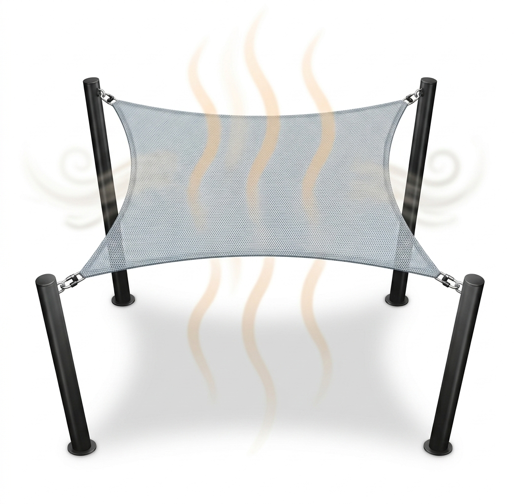 Breathable square grey shade cloth with black poles
