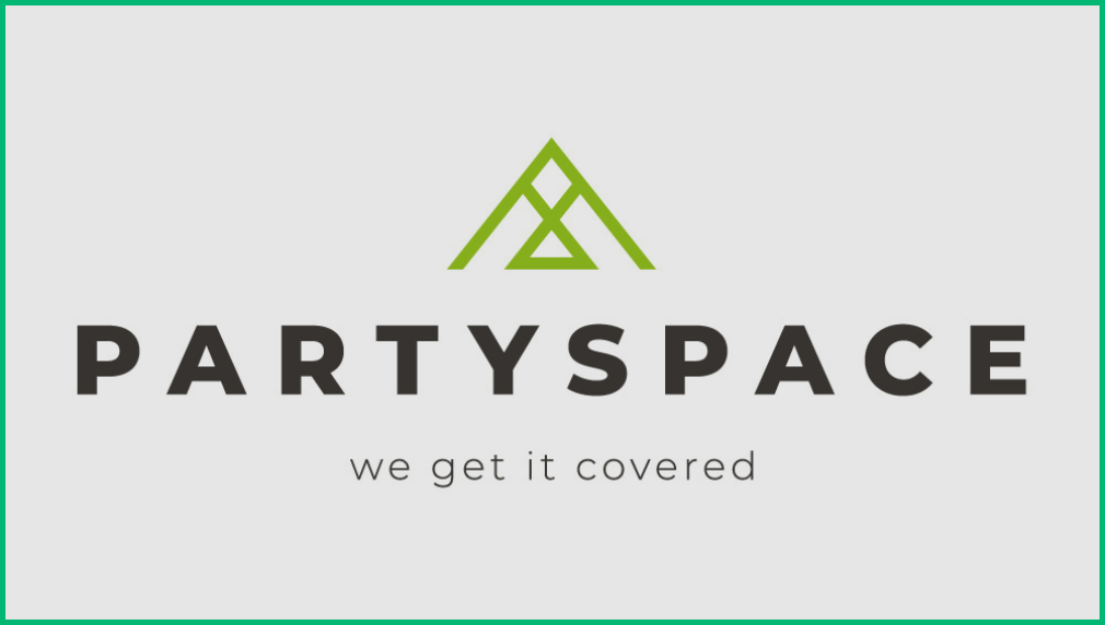 Logo van Partyspace met de slogan we get it covered voor de rebranding naar Above and Beyond